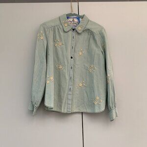 THE GREAT. Denim Embroidered Floral Blouse size 0